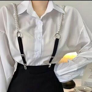 NIB adjustable chic rhinestone and pearl chain suspenders, measurements shown